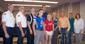 Fire Chief Ken Brucki, Bat Chief Michael Schofield, Brian Kirk, Sandburg athlete Pat Brucki, Denver Broncos draft pick Michael Schofield, US Olympic Ice Hockey Medalist and Sandburg Graduate Kendall Coyne, Tami O'Brien, OFPD Board President Jim Hickey, OFPD Trustees Chris Evoy and Jayne Schirmacher.