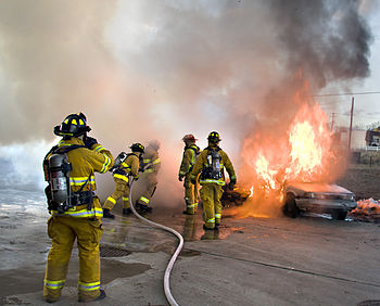 Firefighters battle fire. Wikipedia