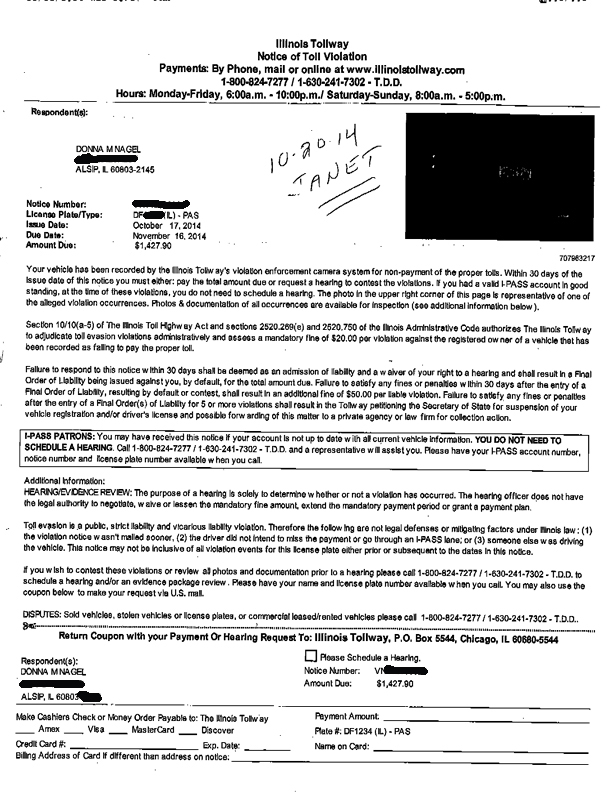 One of the many letters Donna Nagel has received from the Illinois Tollway threatening her for toll violations she never committed.