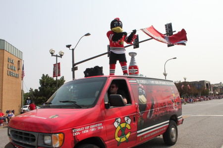 Blackhawks mascot Tommy Hawk entertains the crowd