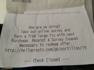 Bottom of the portillos' receipt