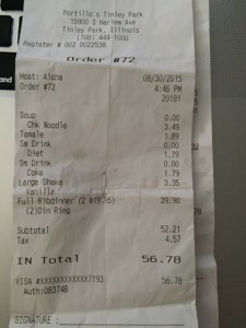 My receipt from Portillos, $56.78 worth of hassle and wasted time