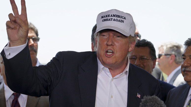 Republican presidential candidate Donald Trump gestures at a news conference near the U.S.- Mexico border outside of Laredo, Texas July 23, 2015. REUTERS/Rick Wilking