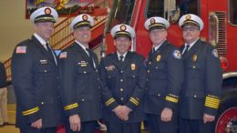 Fire Chief/Administrator Mike Schofield (far right), Battalion Chief Bill Bonnar (2nd from right), Jr, Battalion Chief Nick Cinquepalmi (center) and Battalion Chief Greg Ferro (far left). Battalion Chief Dan Smith (2nd from left)