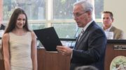 Rhythmic Gymnast and Olympic hopeful Evita Griskenas receives recognition for her achievements from Village of Orland Park Mayor Dan McLaughlin Monday June 20, 2016. Courtesy of Ray Hanania