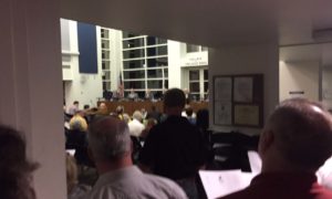 People listen to the board meeting from the entrance way at the village hall in Orland Park